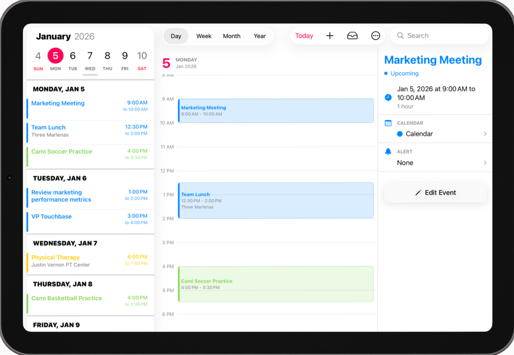 Eventual Calendar day view with event detail panel on iPad